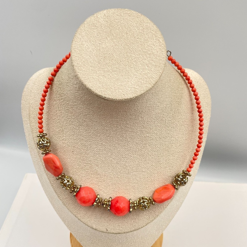 Vintage Coral Pink Beaded Necklace Gold Tone Filigree Accents Boho Statement